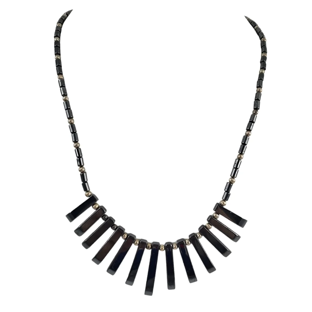 Vintage hematite statement necklace antique silver tone
